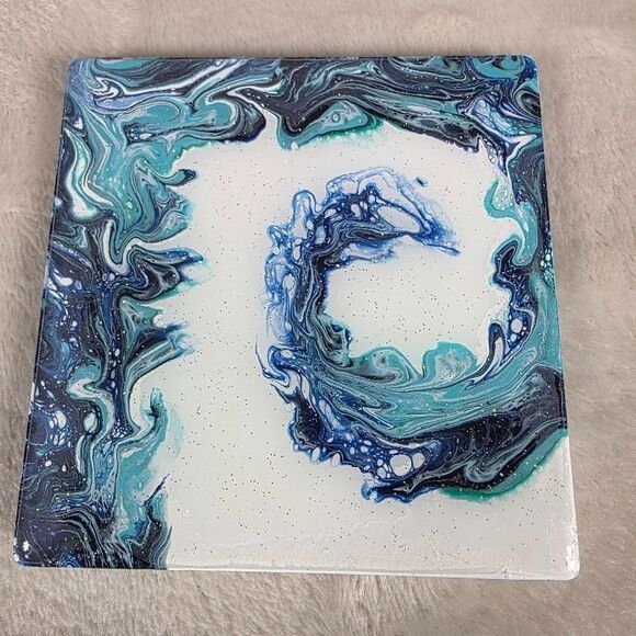 Original Pour Paint Set 4 Ceramic Coasters Hand Poured Wave Painting Blue White - Picture 5 of 7
